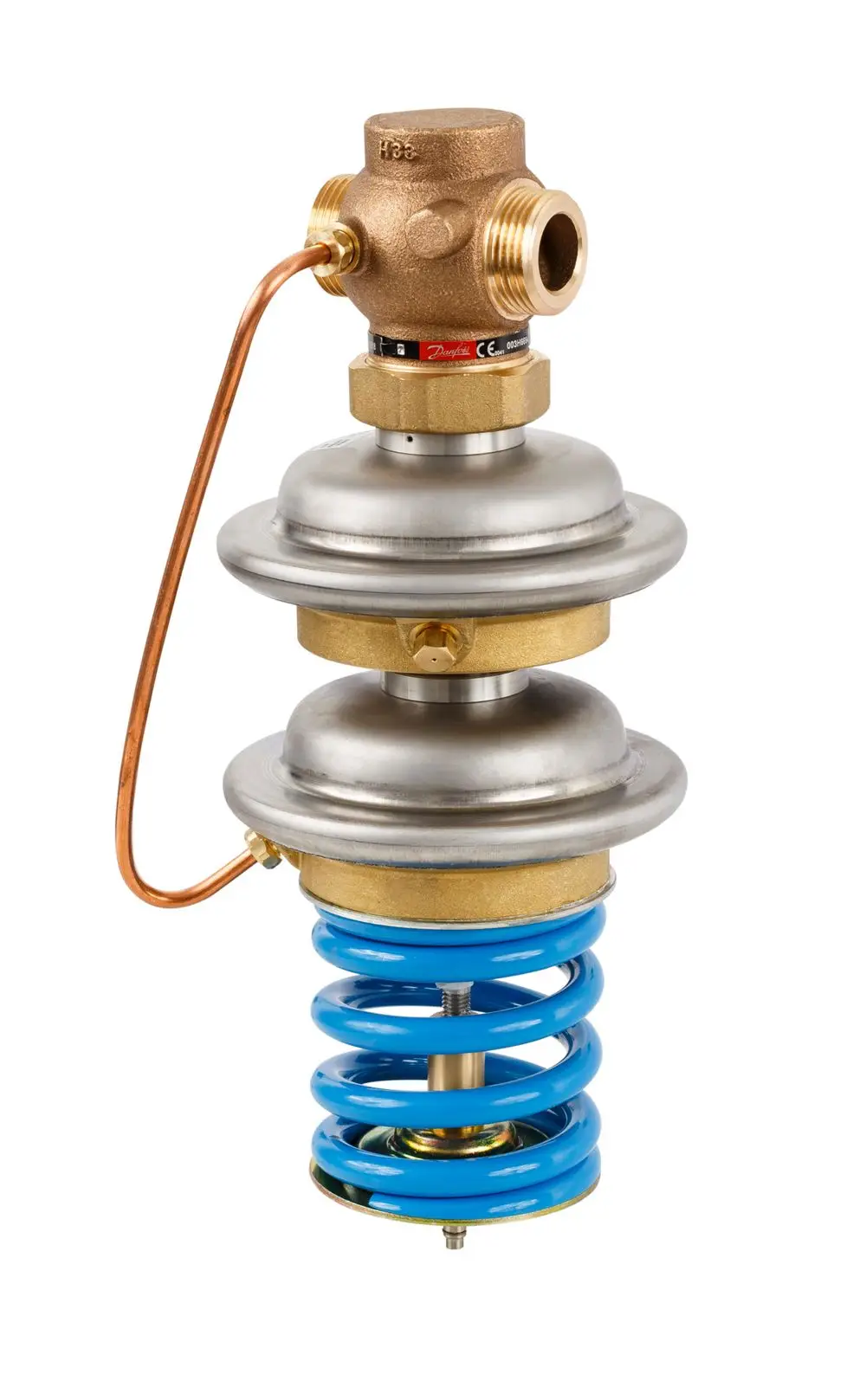 Sicherheitsabsperrventil in metallischer Ausführung mit einer blauen Spiralfeder und Kupferrohr, hergestellt von Danfoss, zur Druckregelung in Fluidanwendungen.